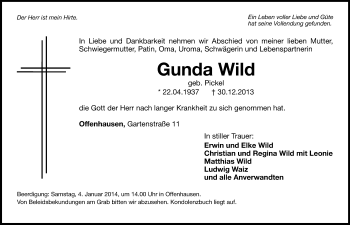 Traueranzeige von Gunda Wild von Hersbrucker Zeitung